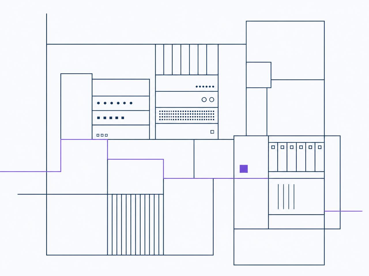 Abstract line composition of shelved equipment bays with a single violet accent path
